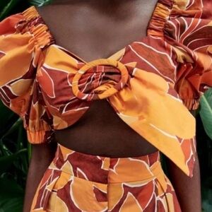 Zara Orange Short Puff Sleeve Tropical Floral Crop Top Blouse